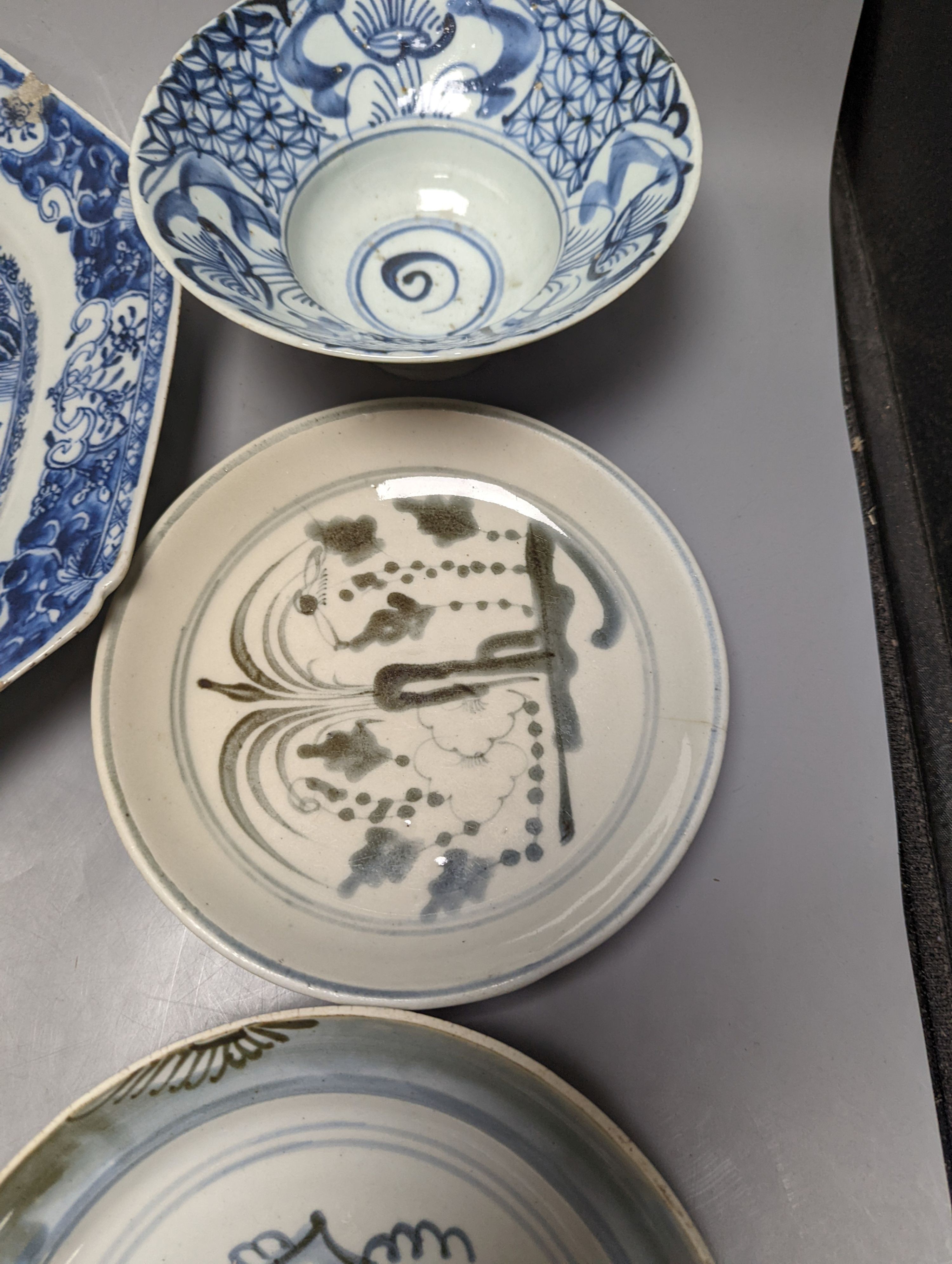 An 18th century Chinese export blue and white meat platter, 38 cms wide, and other Oriental tableware (6)